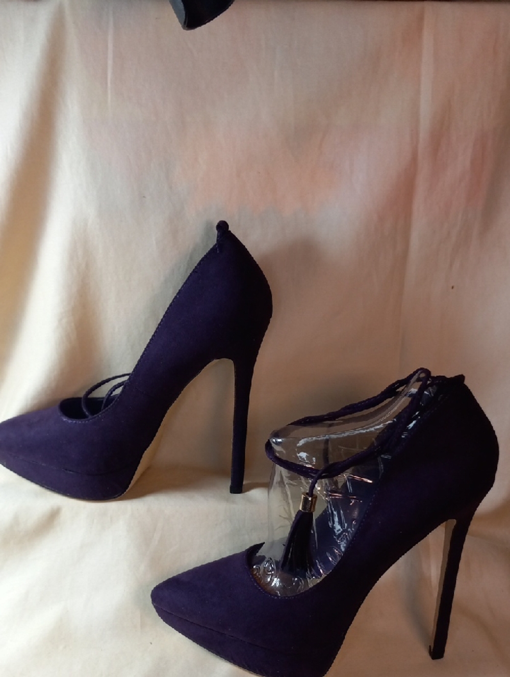 Izabella Rue Dark Purple Suede Stiletto Pumps with Ankle Tie